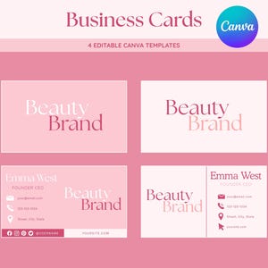 Könnte beinhalten: Vier bearbeitbare Visitenkartenvorlagen in Rosa- und Weißtönen. Die Designs enthalten den Text Beauty Brand, Emma West, Founder CEO sowie Platzhalter-Kontakticons für E-Mail, Telefon, Adresse und soziale Medien. Enthält ein Canva-Logo.