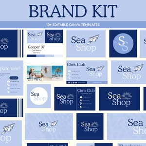 Könnte beinhalten: Eine Sammlung von blauen und weißen Canva-Vorlagen für das Branding, mit dem Text "BRAND KIT" und "Sea Shop" Logos. Enthält Visitenkarten, Dankeskarten und andere Marketingmaterialien.