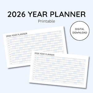 Könnte beinhalten: Zwei weiße 2026-Jahresplaner-Drucke mit Rasterlayout, mit Monaten und Daten. Der Text "2026 YEAR PLANNER" steht oben, darunter "Printable". Ein digitales Download-Symbol befindet sich in der oberen rechten Ecke.