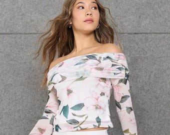 Floral Bardot Blouse, Off-Shoulder Knitted Top, Boho Romantic Style