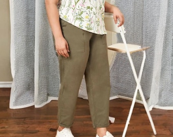 Olive Green Trousers High Rise Cotton Pants