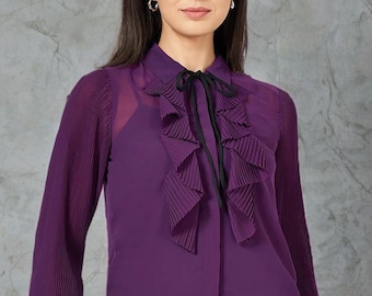 Blouse Women, Purple Blouse, Shoulder Pleat Blouse, Winter Blouse