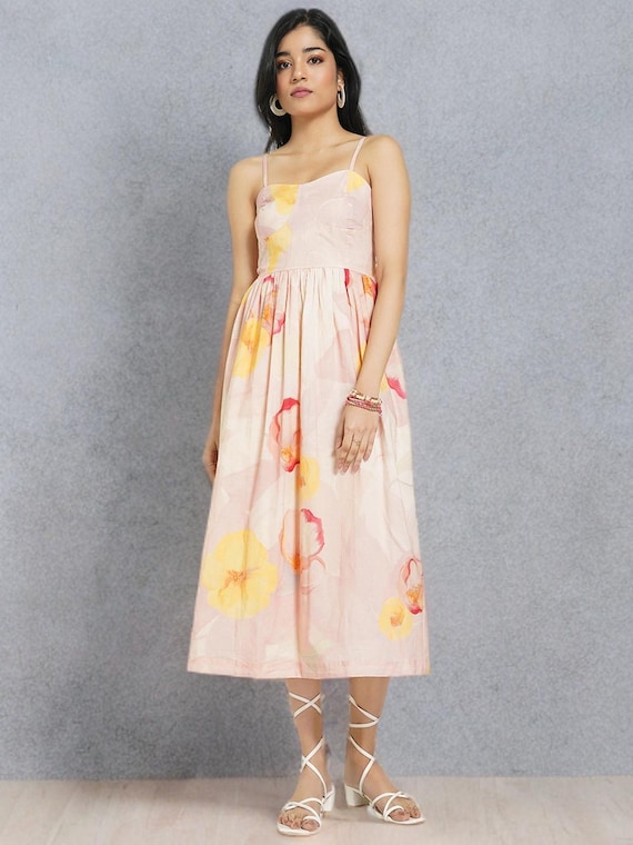 Pink Floral Cotton Midi Dress, Handmade Boho Garden Party Dress
