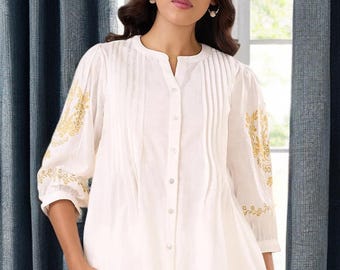 Bohemian Embroidered Tunic Off White Cotton Kurta Style Top Loose Fit Blouse