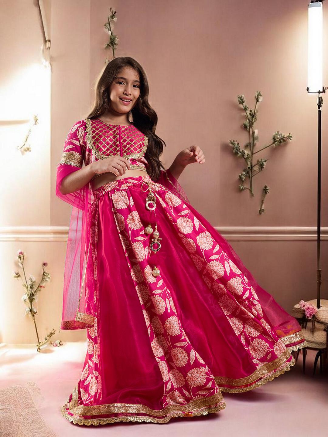 Girls Magenta Lehenga Gold Print Silk Blend Festive Set