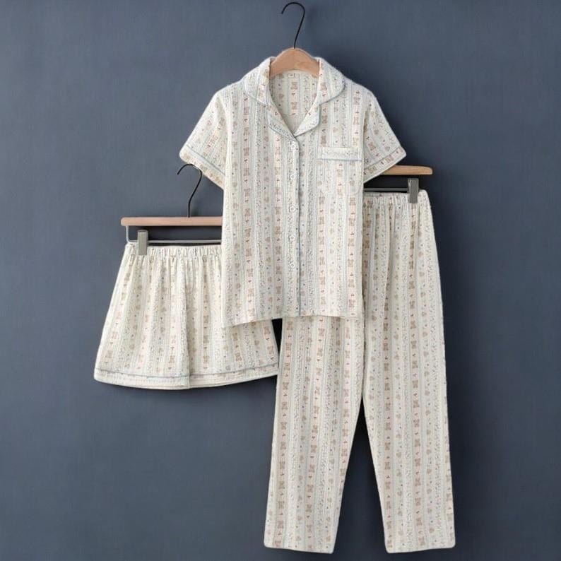 Chic Bear Print Cotton Pajama Set for Women, Short Sleeve Pajamas with Pants & Shorts, Cozy Summer Loungewear