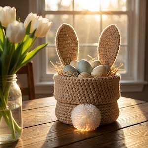 May include: A crocheted Easter basket shaped like a bunny, filled with speckled eggs and straw. The basket has large, upright ears and a fluffy white tail. The basket is on a wooden table, with a vase of white tulips in the background.