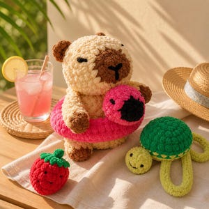 May include: A crocheted bear with a pink inner tube, a red strawberry, and a green and yellow turtle rattle. The bear is cream and brown, with black eyes. A straw hat and a pink drink with a lemon slice are also in the image.