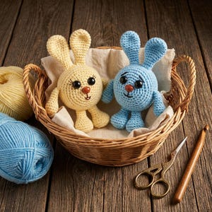 May include: Two crocheted bunny rabbits, one yellow and one blue, sit in a wicker basket lined with beige fabric. The bunnies have black eyes and red noses. A ball of yellow yarn and a ball of blue yarn are next to the basket. A pair of gold scissors and a crochet hook are also present.