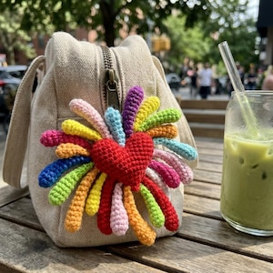 Może przedstawiać: Beżowa płócienna torba z zapięciem na zamek i szydełkowym wzorem serca. Serce jest czerwone, otoczone kolorowymi szydełkowymi promieniami w odcieniach niebieskiego, zielonego, żółtego, pomarańczowego i różowego. Obok torby szklanka zielonego napoju z lodem i słomką.