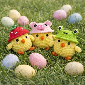 Pode incluir: Pintos amarelos de crochê usando chapéus em forma de morango, porco e sapo, rodeados por ovos de Páscoa coloridos na grama verde. Os pintos têm bicos e pés laranja.