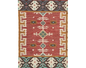 May include: A rectangular woven rug featuring a central red field with geometric patterns in white, teal, and mustard yellow. The rug is bordered by dark brown bands with white and teal motifs and finished with short brown fringe at both ends.