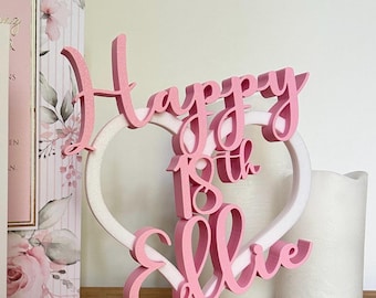 May include: A pink and white cake topper featuring a heart-shaped frame with the text Happy 18th Ellie in a script font. The topper is mounted on a small circular base and is constructed from layered material with a smooth, matte finish.