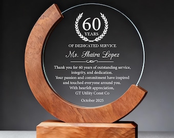Personalized 60 Years of Service Award, Crystal Employee Award with Gift Box, For Manager,Staff, Retirement Appreciation, Long Service Award