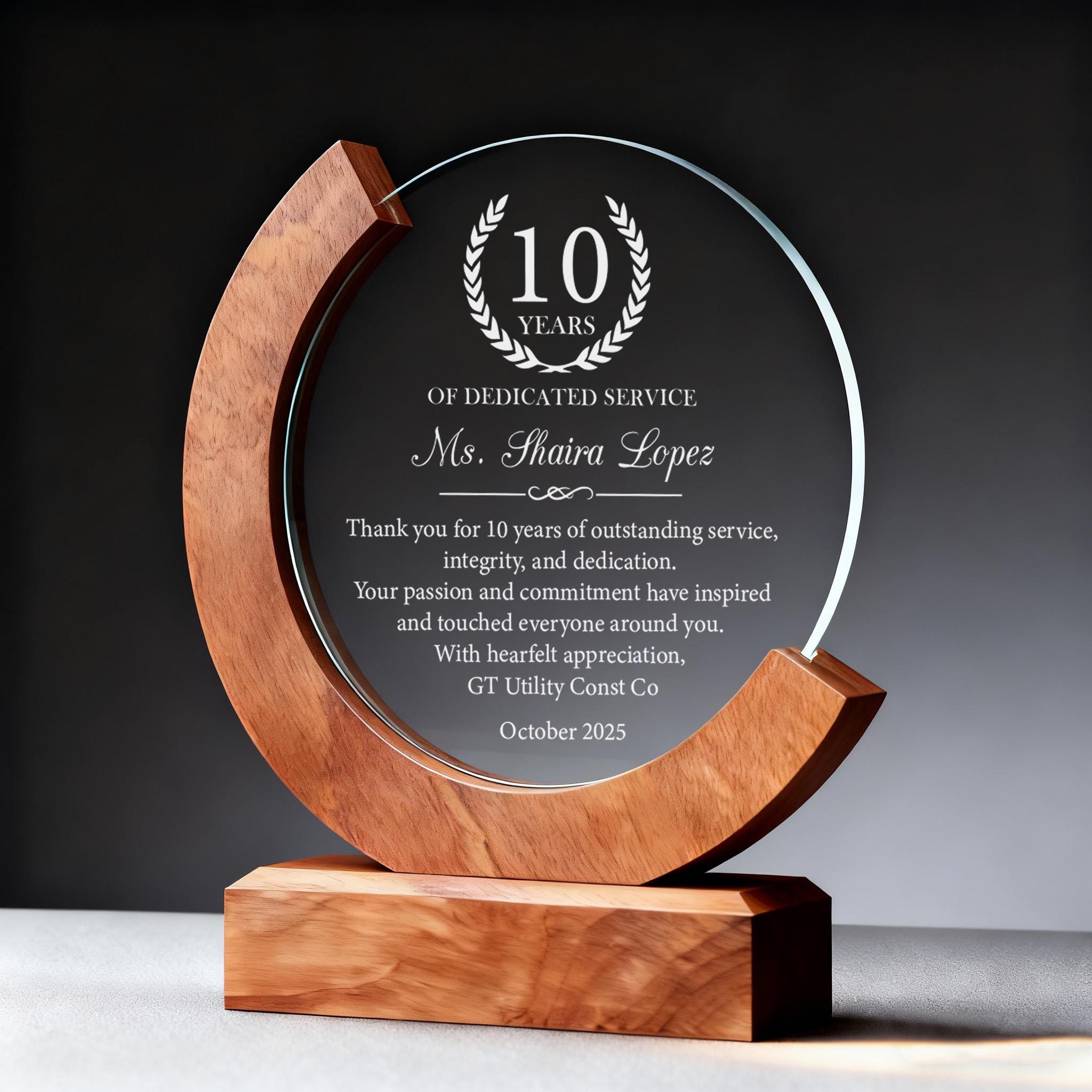 10 Years of Dedicated Service Award, Personalized Employee Crystal ...