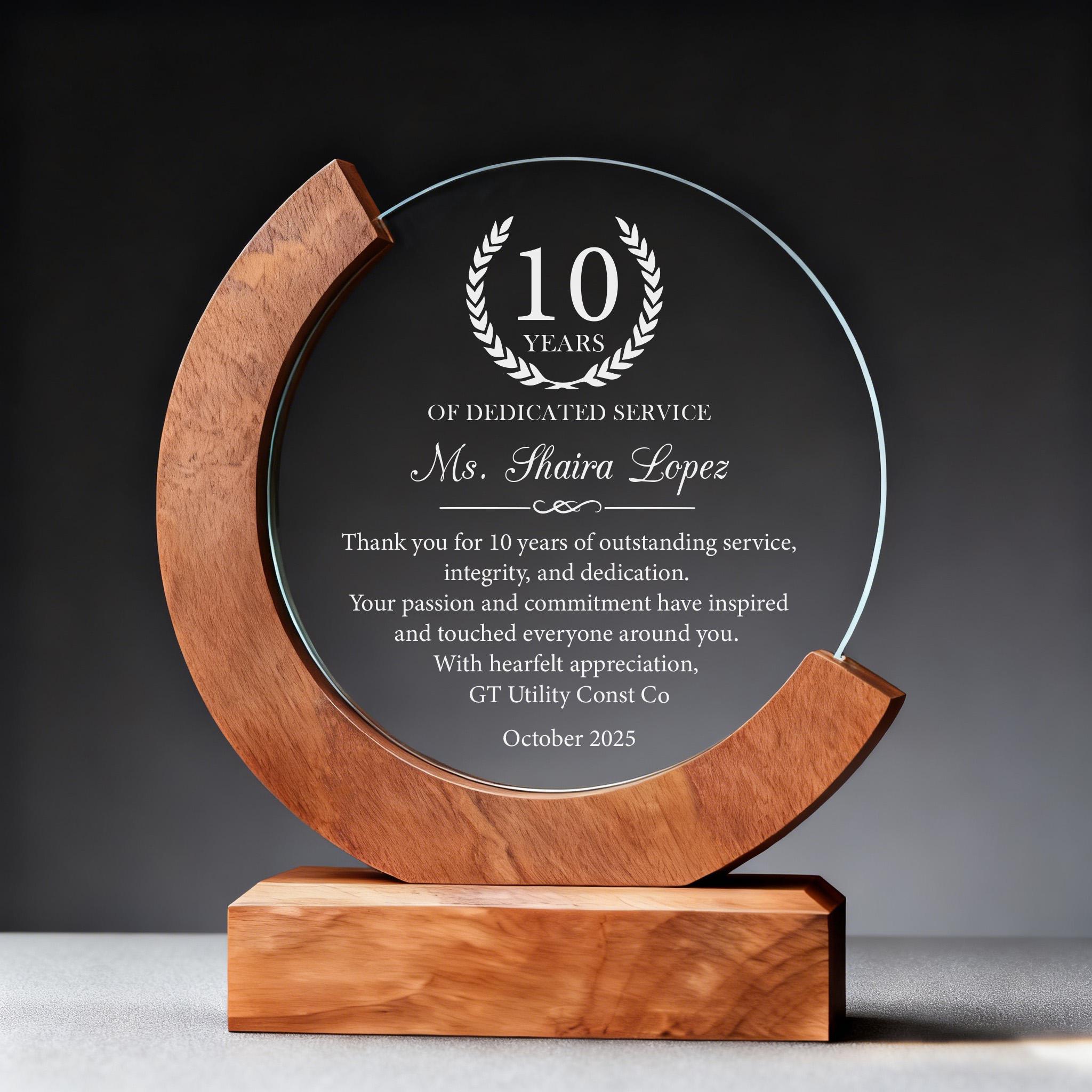 10 Years of Dedicated Service Award, Personalized Employee Crystal ...