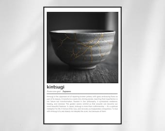 Kintsugi-definitieprint – Japanse woordkunst – zwart-wit minimalistische poster