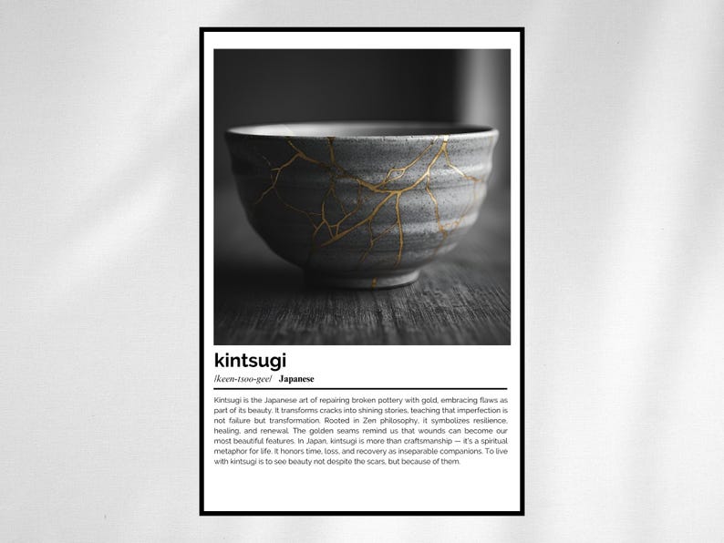Kintsugi Definition Print – Japanische Wortkunst – minimalistisches Schwarz-Weiß-Poster Bild 1