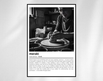 Meraki Definition Print – Greek Word Art – Black and White Minimalist Poster