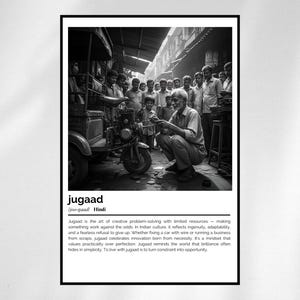 Jugaad Definition Print – Hindi Wortkunst – Minimalistisches Schwarz-Weiß-Poster