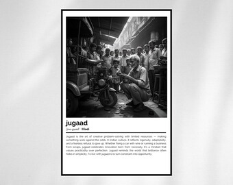 Jugaad Definition Print – Hindi Wortkunst – Minimalistisches Schwarz-Weiß-Poster