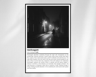 Noctivagant Definition Print – Minimalist Black & White Wall Art – Poetic Word Art Poster