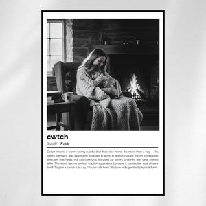 Definición de Cwtch impresa – Arte de palabras galesas – Póster minimalista en blanco y negro
