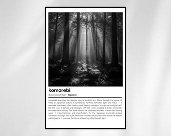Komorebi Definition Print - Japanische Natur Wortkunst - Minimalistisches Schwarz-Weiß-Poster