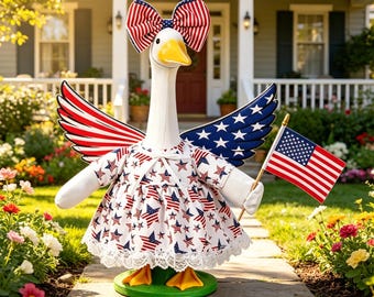 Conjunto de disfraz de ganso de jardín con bandera patriótica de EE. UU., falda con estrellas y rayas y sombrero para ganso de jardín de 23 pulgadas, decoración para mascotas.