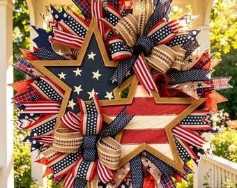 Couronne patriotique pour porte d'entrée, guirlande du jour de l'indépendance des États-Unis, décor de guirlande du 4 juillet, accroche-porte drapeau américain, décor America 250 2026