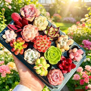 Op de afbeelding: Een dienblad met diverse vetplanten in verschillende kleuren, waaronder groen, rood, roze en geel. De vetplanten zijn gerangschikt in een donkergroen dienblad, waarbij hun diverse vormen en texturen worden getoond. De achtergrond toont een tuin met bloemen.