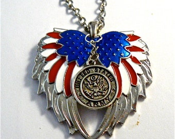 American Flag double guardian angel wings with Army car or truck charm rear view mirror charm, Hang proudly, military,ornament,,Veteran