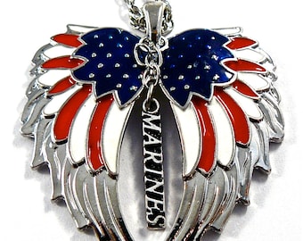 American Flag double guardian angel wings with Marines car or truck charm rear view mirror charm, Hang proudly, military,ornament,,Veteran