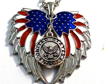 American Flag double guardian angel wings with Navy car or truck charm rear view mirror charm, Hang proudly, military,ornament,,Veteran