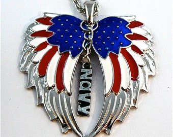 American Flag double guardian angel wings with Navy car or truck charm rear view mirror charm, Hang proudly, military,ornament,,Veteran