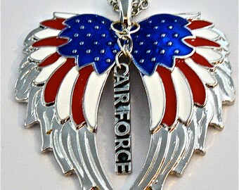 American Flag double guardian angel wings with Air Force car or truck charm rear view mirror charm, Hang proudly, military,ornament,,Veteran
