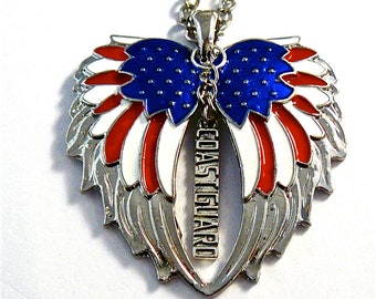 American Flag double guardian angel wings with Coat Guard car/ truck charm rear view mirror charm, Hang proudly, military,ornament,,Veteran