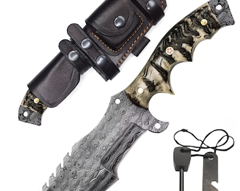 Damascus Tracker Knife, Ram Horn Handle, Hand-Forged Survival Tool, Leather Sheath
