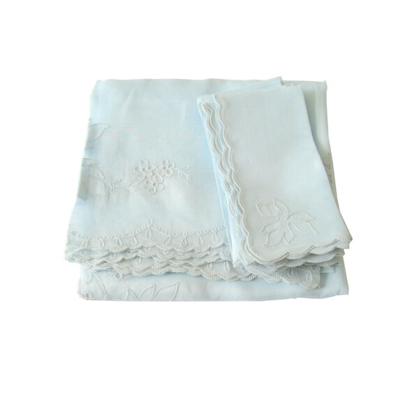 Organza Sheer Hand Embroidered Pastel Blue Tablecloth Napkin Linen Set