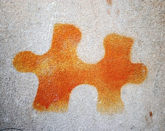 Orange Jigsaw Piece Graffiti, Fine Art Photography Print,Grey Concrete Wall, Liverpool UK,  Unique Home Decor, Wall Art, Gifts, Photo Prints