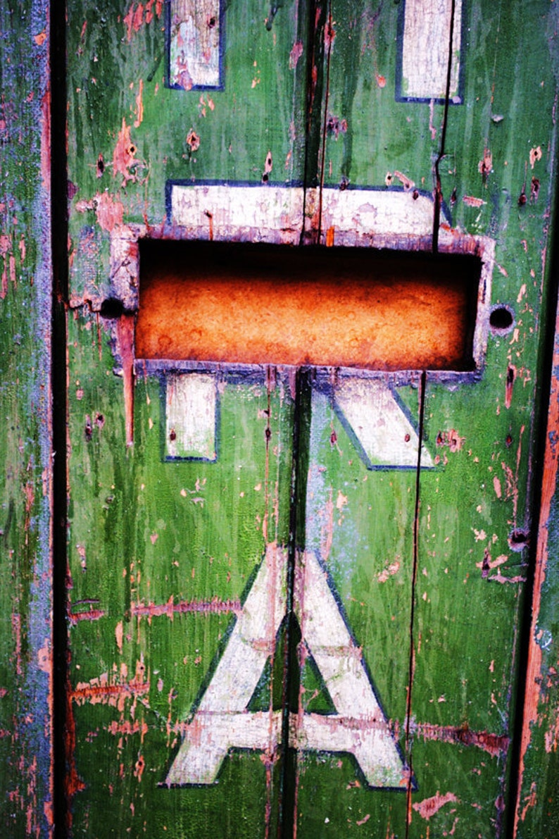 Painted Green Door With Lettering, Fine Art Photography Print, Urban Photography, Unique Home Decor, Shabby Chic, Wall Art, Photo Prints image 1