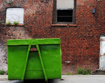 Green Metal Container, Red Bricks, Fine Art Photography Print, Manchester, Urban Photography,  Unique Home Decor, Wall Art, Photo Prints