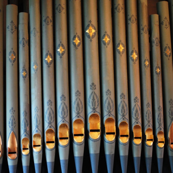 Antique Church Organ Pipes In Turquoise And Gold, Fine Art Photography Print, (Found In Manchester), Blue Grey, Gold,  Home Decor, Wall Art