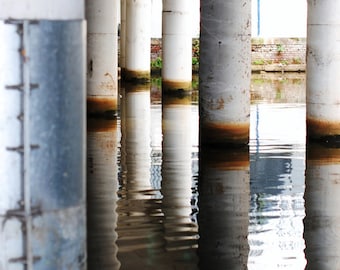 Concrete Pillars, Fine Art Photography Print, Water, Manchester Canal, Grey, White, Silver, Rust, Abstract Urban Photograph,  Urban Wall Art