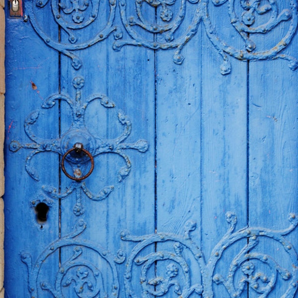 Ornate Blue Wood Door, Fine Art Photography Print, Metal Embellishments, Manchester, Enchanted Door, Shabby Chic,Powder Blue Decor, Wall Art