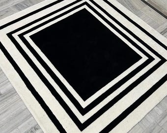Black and White Geometric Hand Tufted Wool Rug, Modern Minimalist Area Rug