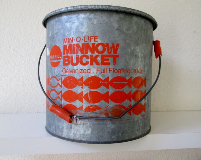 Vintage Frabill Minolife Minnow Bucket Galvanized Floating Red and