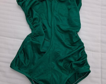 Late 1970s green ruched lycra swimsuit