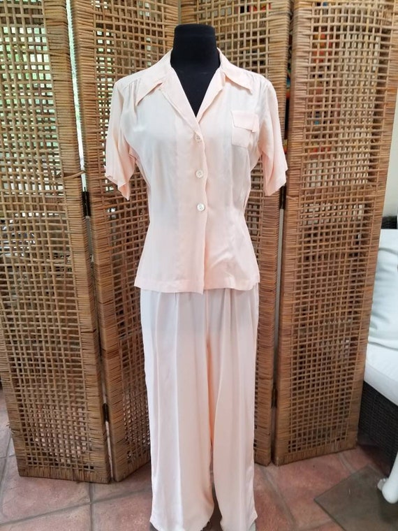 Gorgeous peach 1940s cold rayon pajama set by Barb