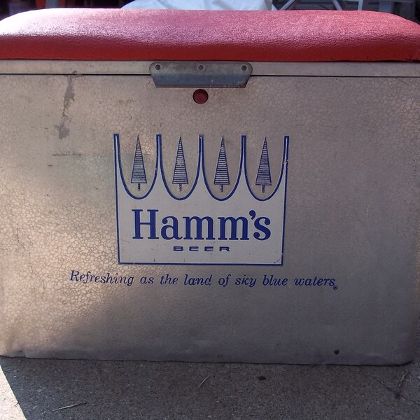 Vintage Hamms beer cooler with red padded seat. 1960 Brewriana